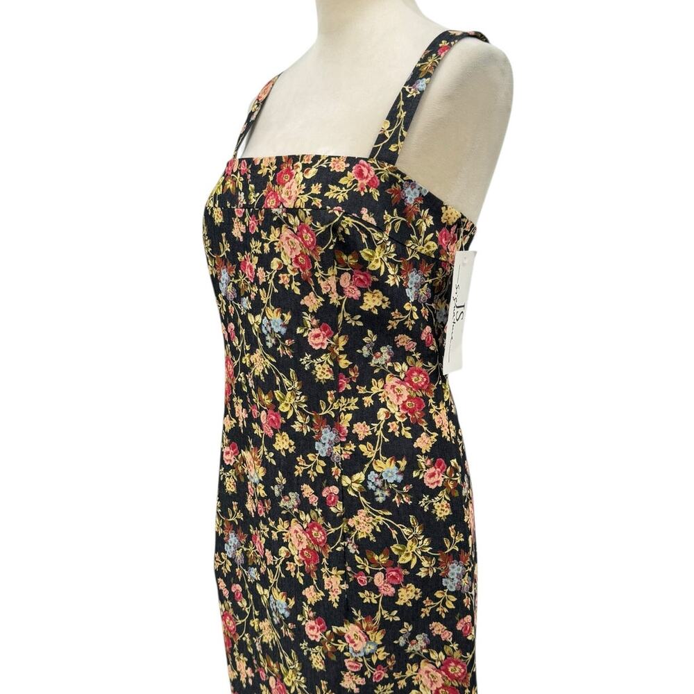 JS Signature NWT Vintage 90s Floral Print Stretch Denim Sleeveless Sheath Dress - Picture 7 of 11